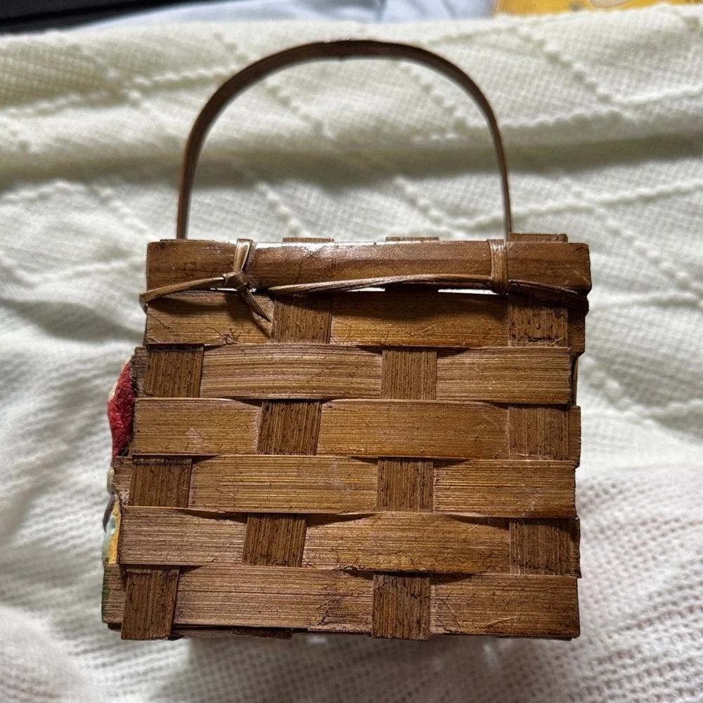 Wooden Basket with Bunny and Mushroom Design